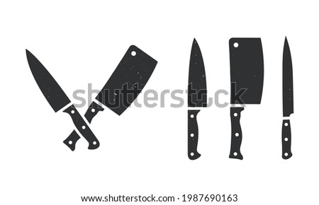 Set of 3 Butcher knives. Meat Cleaver, chef knife icons. Set of Meat knives icons for restaurants, kitchens, butchery. Vector illustration  