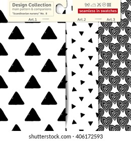 Set of 3 b&w Scandinavian nursery vector seamless patterns: main pattern with triangle and pyramid and two companions. Scandinavian textile collection. Seamless patterns in minimalist style