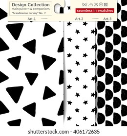 Set of 3 b&w Scandinavian nursery vector seamless patterns: main pattern with delta and triangle and two companions. Scandinavian textile collection. Seamless patterns in minimalist style