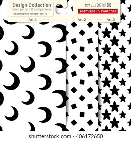 Set of 3 b&w Scandinavian nursery vector seamless patterns: main pattern with new moon and moon and two companions. Scandinavian textile collection. Seamless patterns in minimalist style