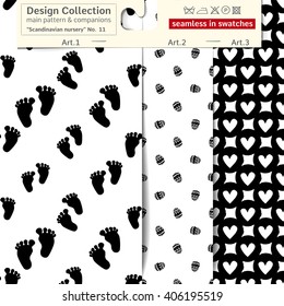 Set of 3 b&w Scandinavian nursery vector seamless patterns: main pattern with footprint and kid and two companions. Scandinavian textile collection. Seamless patterns in minimalist style