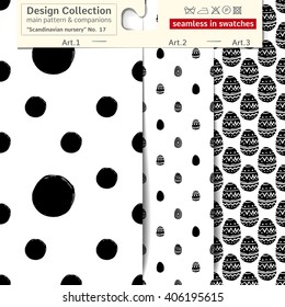 Set of 3 b&w Scandinavian nursery vector seamless patterns: main pattern with circle and dot and two companions. Scandinavian textile collection. Seamless patterns in minimalist style