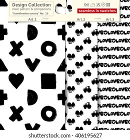 Set of 3 b&w Scandinavian nursery vector seamless patterns: main pattern with square and shape and two companions. Scandinavian textile collection. Seamless patterns in minimalist style