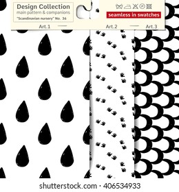 Set of 3 b&w scandinavian nursery vector patterns: main pattern with drop and shape and two companions. Scandinavian textile collection. patterns in minimalistic style