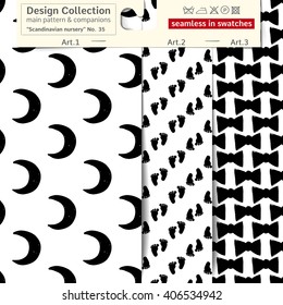 Set of 3 b&w scandinavian nursery vector patterns: main pattern with new moon and moon and two companions. Scandinavian textile collection. patterns in minimalistic style