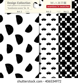Set of 3 b&w scandinavian nursery vector patterns: main pattern with half moon and moon and two companions. Scandinavian textile collection. patterns in minimalistic style