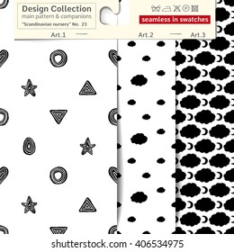 Set of 3 b&w scandinavian nursery vector patterns: main pattern with line egg and easter and two companions. Scandinavian textile collection. patterns in minimalistic style