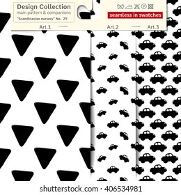 Set of 3 b&w scandinavian nursery vector patterns: main pattern with delta and triangle and two companions. Scandinavian textile collection. patterns in minimalistic style