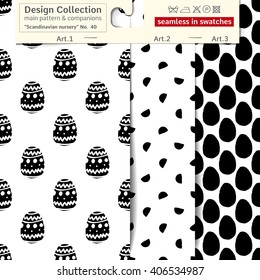 Set of 3 b&w scandinavian nursery vector patterns: main pattern with easter egg and eggs and two companions. Scandinavian textile collection. patterns in minimalistic style