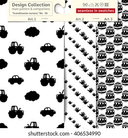 Set of 3 b&w scandinavian nursery vector patterns: main pattern with car and transport and two companions. Scandinavian textile collection. patterns in minimalistic style