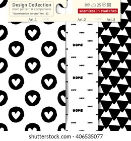 Set of 3 b&w scandinavian nursery vector patterns: main pattern with circle heart and shape and two companions. Scandinavian textile collection. patterns in minimalistic style