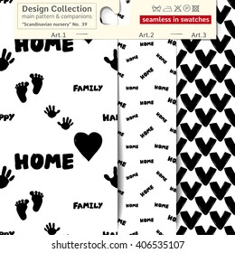 Set of 3 b&w scandinavian nursery vector patterns: main pattern with family and text and two companions. Scandinavian textile collection. patterns in minimalistic style