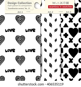 Set of 3 b&w scandinavian nursery vector patterns: main pattern with love and text and two companions. Scandinavian textile collection. patterns in minimalistic style