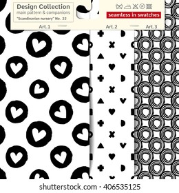 Set of 3 b&w scandinavian nursery vector patterns: main pattern with circle heart and shape and two companions. Scandinavian textile collection. patterns in minimalistic style