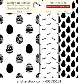 Set of 3 b&w scandinavian nursery vector patterns: main pattern with ornament egg and eggs and two companions. Scandinavian textile collection. patterns in minimalistic style