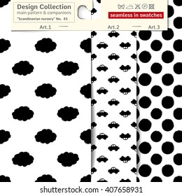 Set of 3 b&w scandinavian nursery vector seamless patterns: main pattern with cloud and shape and two companions. Scandinavian textile collection. Seamless patterns in minimalistic style