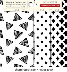 Set of 3 b&w scandinavian nursery vector seamless patterns: main pattern with pyramid and triangle and two companions. Scandinavian textile collection. Seamless patterns in minimalistic style