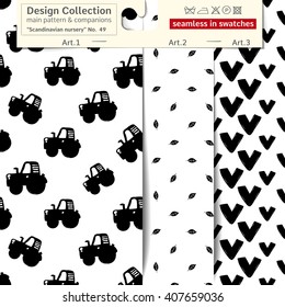 Set of 3 b&w scandinavian nursery vector seamless patterns: main pattern with tractor and truck and two companions. Scandinavian textile collection. Seamless patterns in minimalistic style