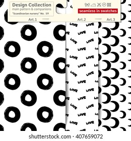 Set of 3 b&w scandinavian nursery vector seamless patterns: main pattern with dot and shape and two companions. Scandinavian textile collection. Seamless patterns in minimalistic style