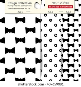 Set of 3 b&w scandinavian nursery vector seamless patterns: main pattern with bow tie and ribbon and two companions. Scandinavian textile collection. Seamless patterns in minimalistic style