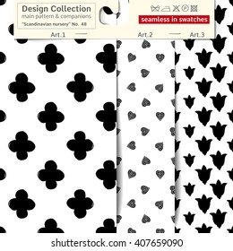 Set of 3 b&w scandinavian nursery vector seamless patterns: main pattern with clover and shape and two companions. Scandinavian textile collection. Seamless patterns in minimalistic style