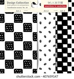 Set of 3 b&w scandinavian nursery vector seamless patterns: main pattern with dotted square and shape and two companions. Scandinavian textile collection. Seamless patterns in minimalistic style