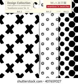 Set of 3 b&w scandinavian nursery vector seamless patterns: main pattern with x and cross and two companions. Scandinavian textile collection. Seamless patterns in minimalistic style
