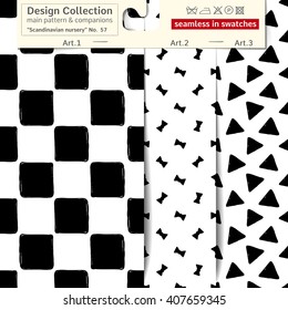 Set of 3 b&w scandinavian nursery vector seamless patterns: main pattern with square and shape and two companions. Scandinavian textile collection. Seamless patterns in minimalistic style
