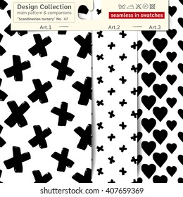 Set of 3 b&w scandinavian nursery vector seamless patterns: main pattern with x and cross and two companions. Scandinavian textile collection. Seamless patterns in minimalistic style