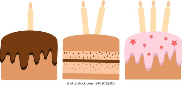 Set of 3 Cakes with candles isolated on white background