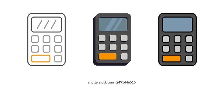 Set of 3 calculator icon, editable stroke, flat style, and color version