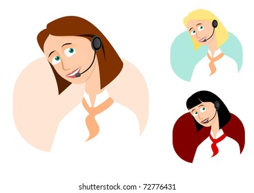 Set of 3 call-center girls. Cartoon vector illustration.