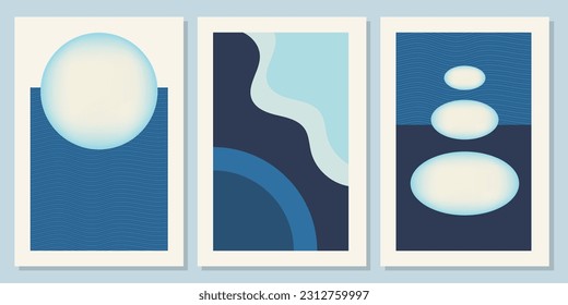 Set of 3 calming poster art. Modern, minimal contemporary style design. Abstract tranquil, water landscapes with soft blue shapes and elements. 