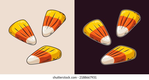 Set of 3 candy corns in vintage style. Traditional halloween sweets. Vector illustration isolated on a dark and white background.