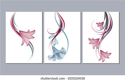 Un conjunto de 3 lienzos para la decoración de paredes en la sala de estar, oficina, dormitorio, cocina, oficina. Decoración casera de las paredes. Fondo floral con flores de lirio. Elemento para el diseño. 