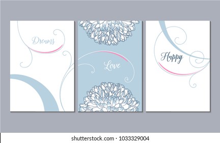 A set of 3 canvases for wall decoration in the living room, office, bedroom, kitchen, office. Home decor of the walls. Floral background with flowers of chrysanthemum. Element for design.