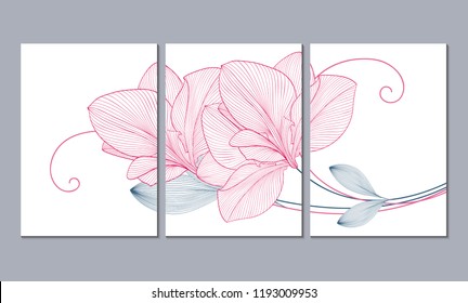 A set of 3 canvases for wall decoration in the living room, office, bedroom, kitchen, office. Home decor of the walls. Floral background with flowers of amaryllis. Element for design. 