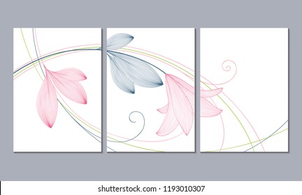 A set of 3 canvases for wall decoration in the living room, office, bedroom, kitchen, office. Home decor of the walls. Floral background with flowers of lily. Element for design. 