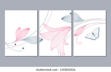A set of 3 canvases for wall decoration in the living room, office, bedroom, kitchen, office. Home decor of the walls. Floral background with flowers of lily. Element for design. 