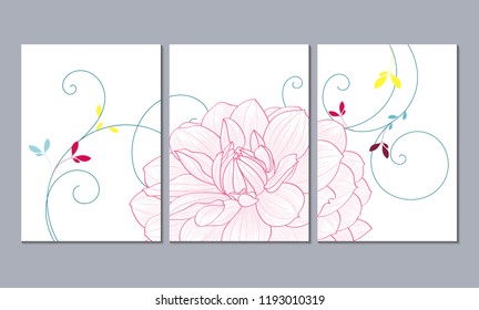 A set of 3 canvases for wall decoration in the living room, office, bedroom, kitchen, office. Home decor of the walls. Floral background with flowers of dahlias. Element for design. 