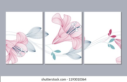 A set of 3 canvases for wall decoration in the living room, office, bedroom, kitchen, office. Home decor of the walls. Floral background with flowers of lily. Element for design. 