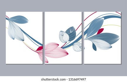Set of 3 canvases for wall decoration in the living room, office, bedroom, kitchen, office. Home decor of the walls. Floral background with flowers of zinnia. Element for design.