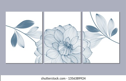 A set of 3 canvases for wall decoration in the living room, office, bedroom, kitchen, office. Home decor of the walls. Floral background with flowers of dahlias. Element for design. 