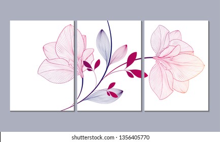 A set of 3 canvases for wall decoration in the living room, office, bedroom, kitchen, office. Home decor of the walls. Floral background with flowers of amaryllis. Element for design. 