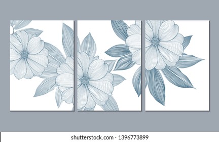 Un conjunto de 3 lienzos para la decoración de paredes en la sala de estar, oficina, dormitorio, cocina, oficina. Decoración casera de las paredes. Fondo floral con flores de dahlias. Elemento para el diseño. 