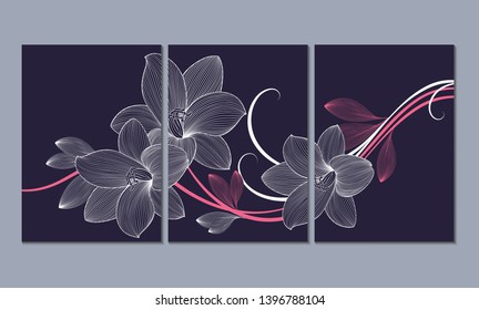 Set of 3 canvases for wall decoration in the living room, office, bedroom, kitchen, office. Home decor of the walls. Floral background with flowers of lily. Element for design. 