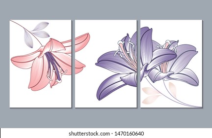 Set of 3 canvases for wall decoration in the living room, office, bedroom, kitchen, office. Home decor of the walls. Floral background with flowers of lily. Element for design. 