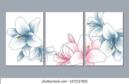 Set of 3 canvases for wall decoration in the living room, office, bedroom, kitchen, office. Home decor of the walls. Floral background with flowers of lily. Element for design. 