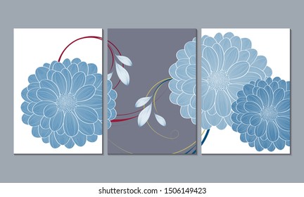 Set of 3 canvases for wall decoration in the living room, office, bedroom, kitchen, office. Home decor of the walls. Floral background with flowers of gerberas. Element for design. 