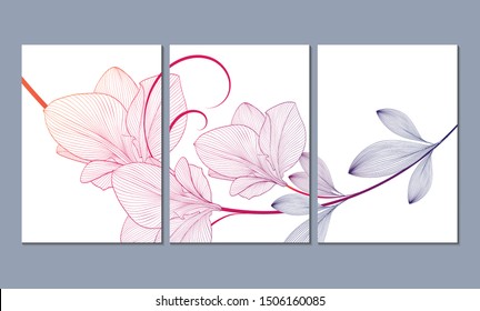 A set of 3 canvases for wall decoration in the living room, office, bedroom, kitchen, office. Home decor of the walls. Floral background with flowers of amaryllis. Element for design. 